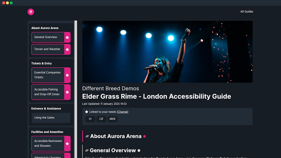 Screenshot of the Elder Grass Rime - London Accessibility Guide interface, part of Different Breed Demos. The interface features a sidebar menu on the left with categorized sections, including 'About Aurora Arena,' 'Tickets & Entry,' 'Entrance & Assistance,' and 'Facilities and Amenities,' each containing sub-pages like 'General Overview,' 'Accessible Parking and Drop-Off Zones,' and 'Using the Gates.' The main content area on the right displays a banner image of a female singer performing on stage under blue spotlights. The title reads 'Elder Grass Rime - London Accessibility Guide,' last updated on January 11, 2025, with linked accessibility needs displayed as 'VI' (Visual Impairments), 'CIF' (Chronic Illnesses & Fatigue), and 'MHE' (Mental Health & Emotional Support).